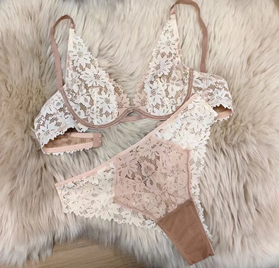 Ensemble soutien-gorge et culotte en dentelle brodée pour femmes