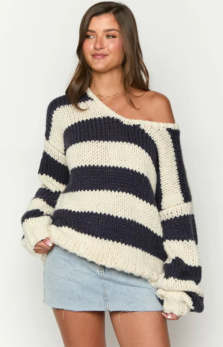 Pull en maille ample décontracté à rayures asymétriques pour femmes