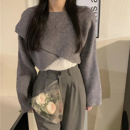 Pull Court Asymétrique Femme – Maille Unie et Manches Longues