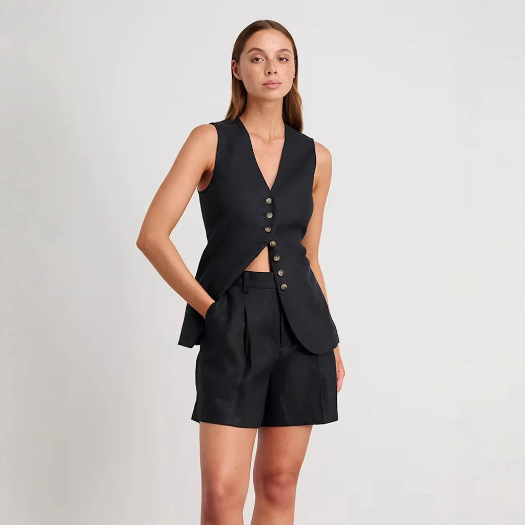 Ensemble débardeur et short en coton et lin, chic et décontracté pour femmes
