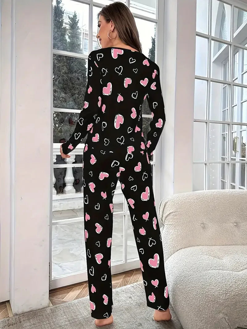 Pyjama à Cœurs Femme – Maille Côtelée et Volants