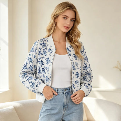 Bomber Vintage Bleu Femme – Imprimé Floral