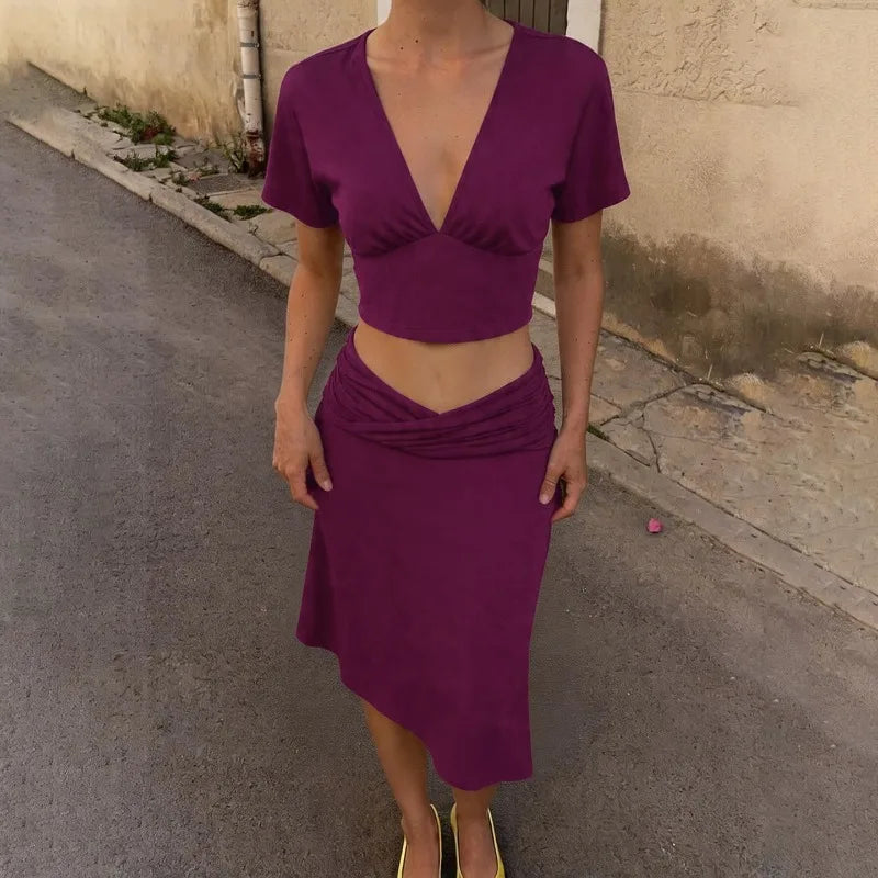 Ensemble deux pièces violet jupe, crop top asymétrique pour femmes