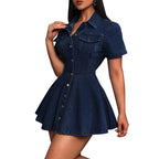 Robe en jean boutonnée à manches courtes pour femmes