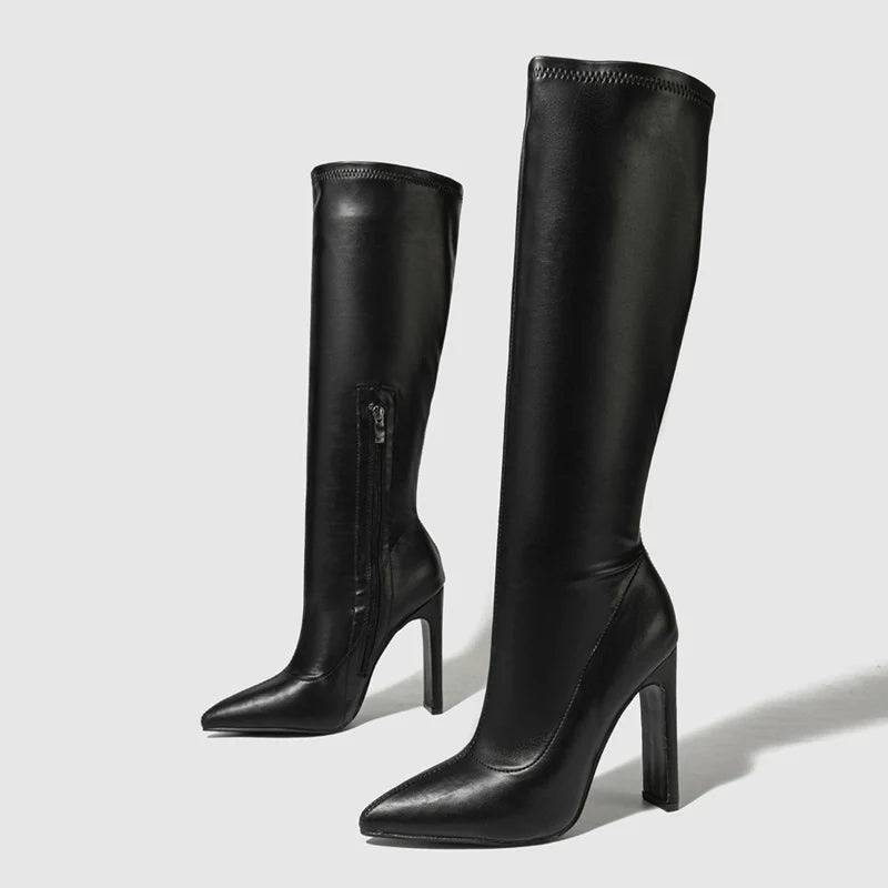Bottes hautes à bout pointu et fermeture éclair pour femmes