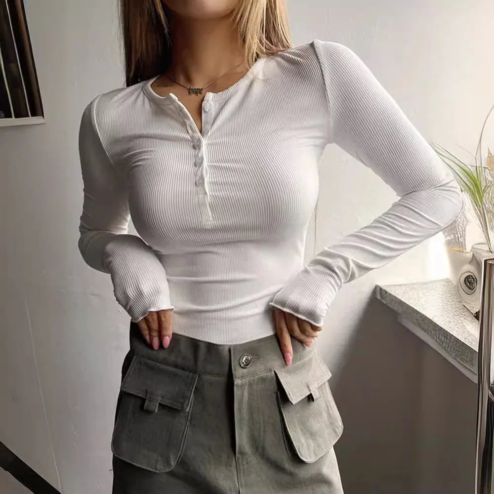 T-shirt côtelé uni à demi-boutonnage pour femmes