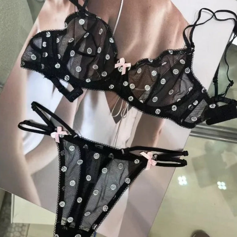 Ensemble de lingeries soutien-gorge sexy en dentelle à pois et résille et string pour femmes