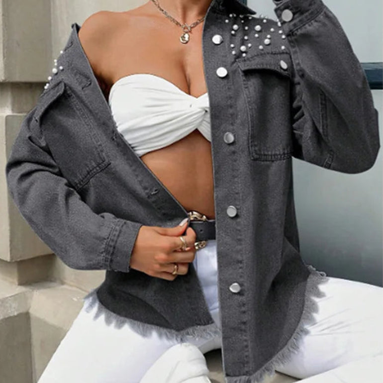 Veste en jean à ourlet frangé et perles pour femmes