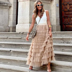 Jupe longue plissée taille haute en tulle pour femmes