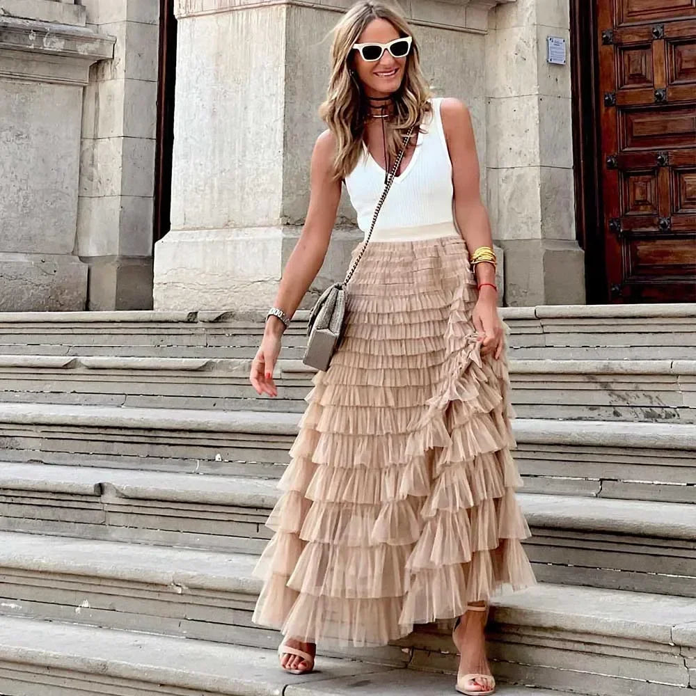 Jupe longue plissée taille haute en tulle pour femmes
