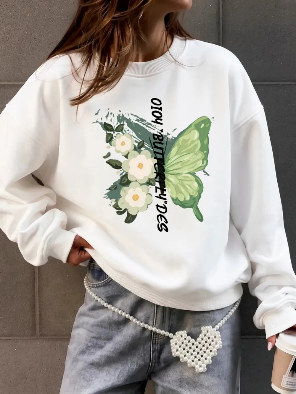 Sweat-shirts imprimés de fleurs de papillons verts pour femmes