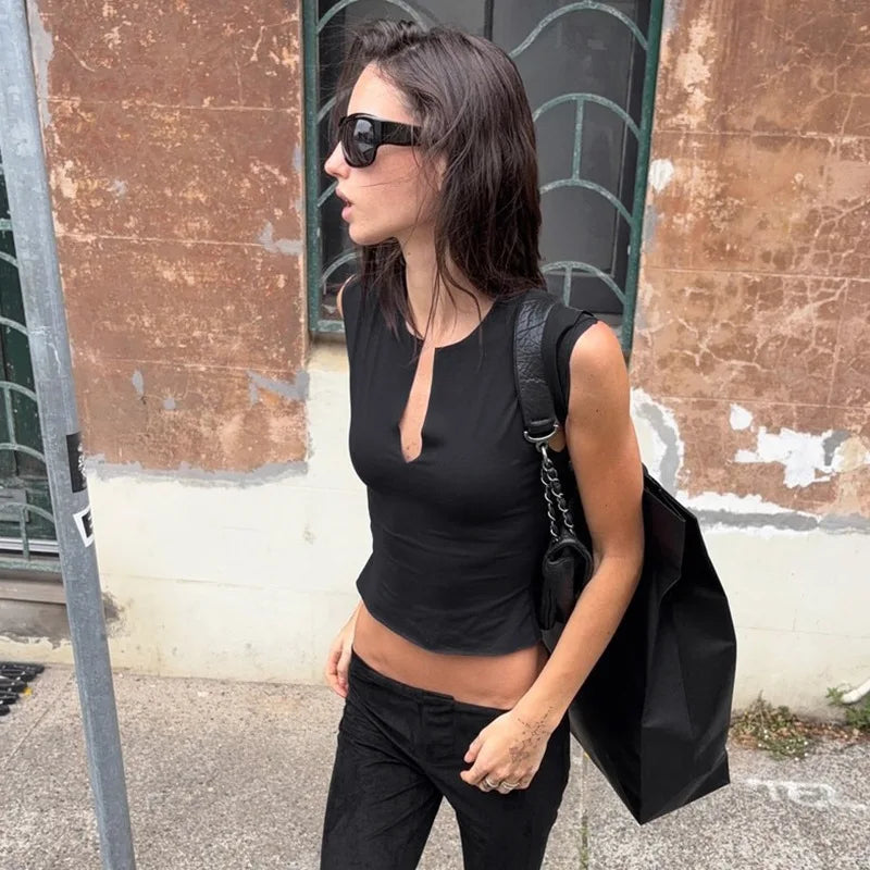 Crop Top Femme Sans Manches à Col V – Style Y2K