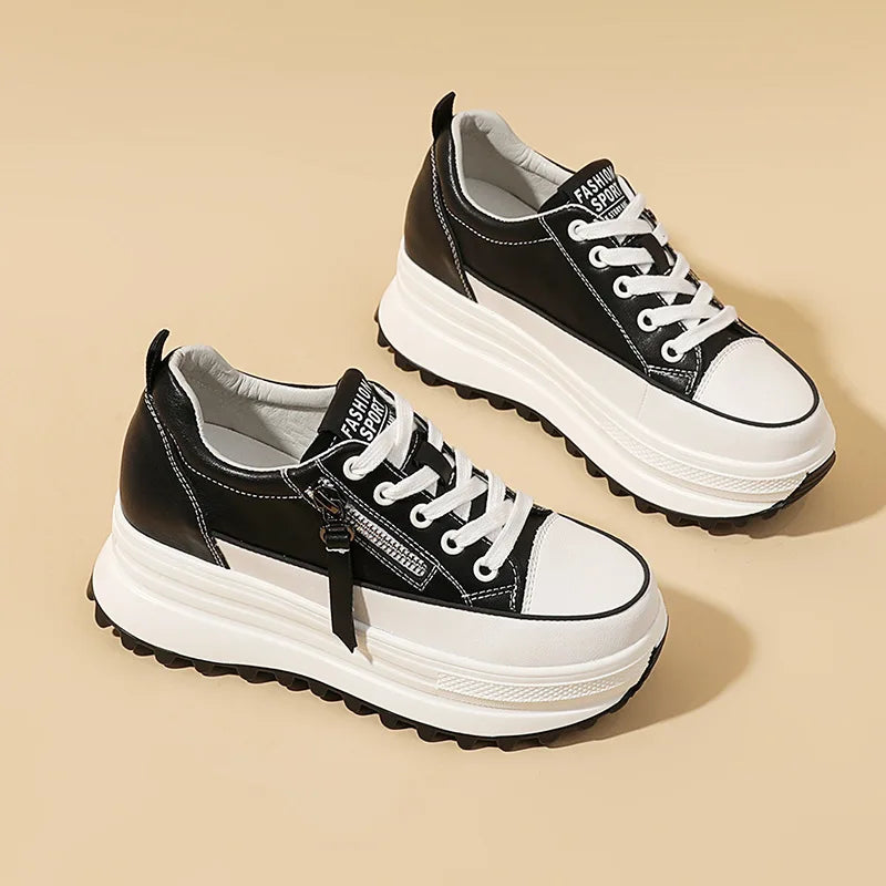 Basket compensées à plateforme en cuir véritable  pour femmes
