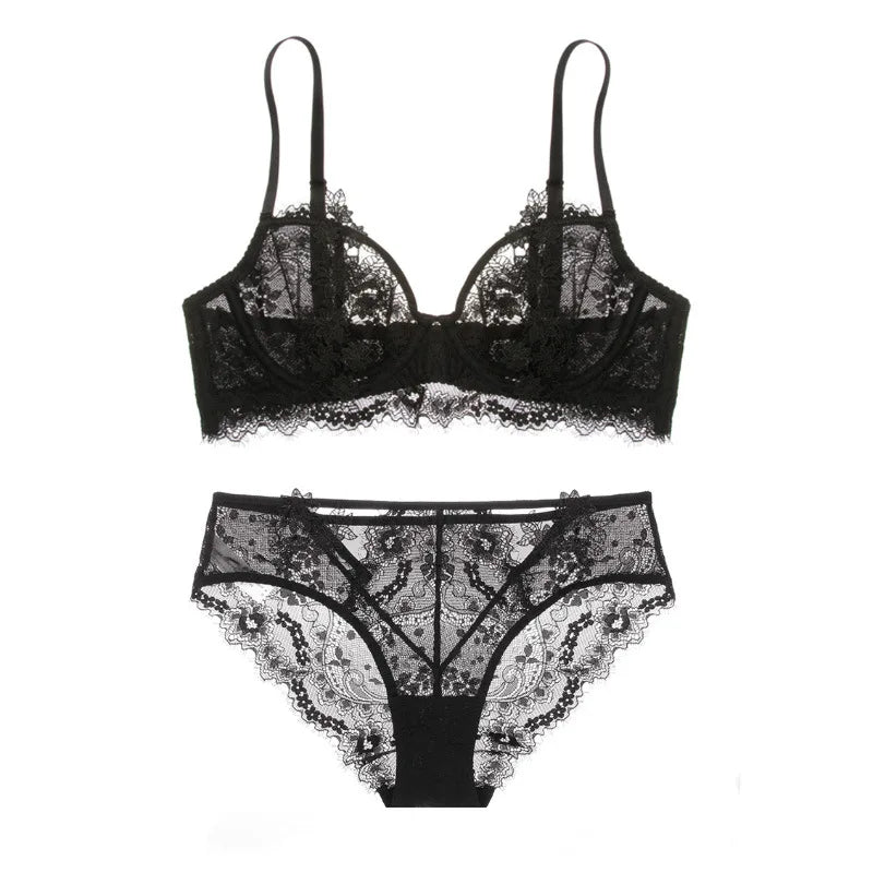 Ensemble soutien-gorge et culotte transparents en dentelle brodée pour femmes