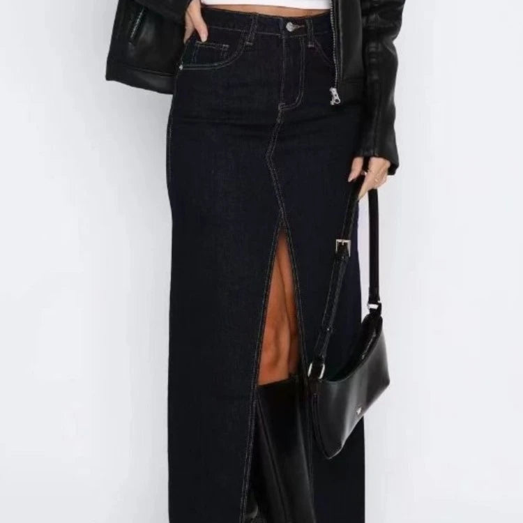 Jupe longues en jean fendue taille haute pour femmes