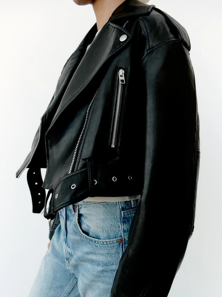 Veste faux cuir Pu courte avec ceinture pour femmes