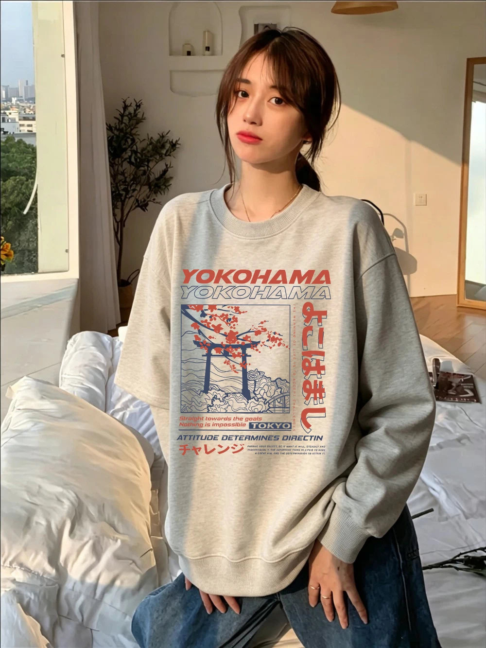 Sweat-shirts à imprimés lettres de style japonais pour femmes