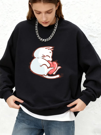 Sweat-Shirt Femme – Imprimé Chat et Cœur Rouge