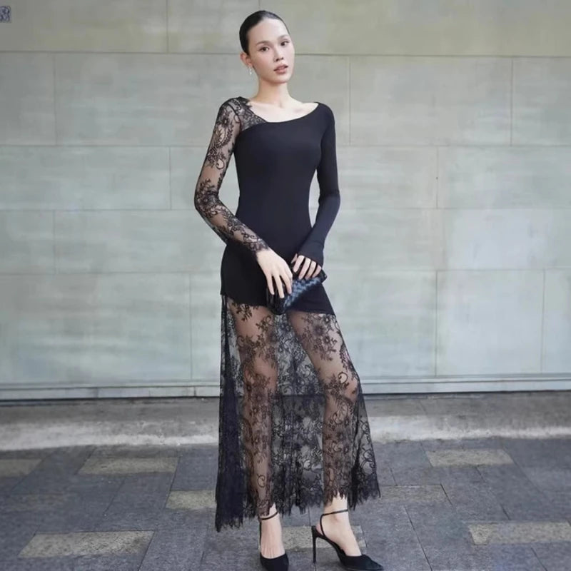 Robe longue sexy en dentelle imprimée pour femmes