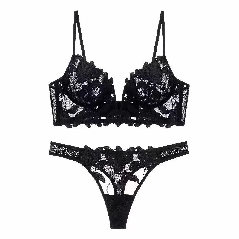 Ensemble de soutien-gorge et tongs en dentelle brodée de fleurs pour femmes