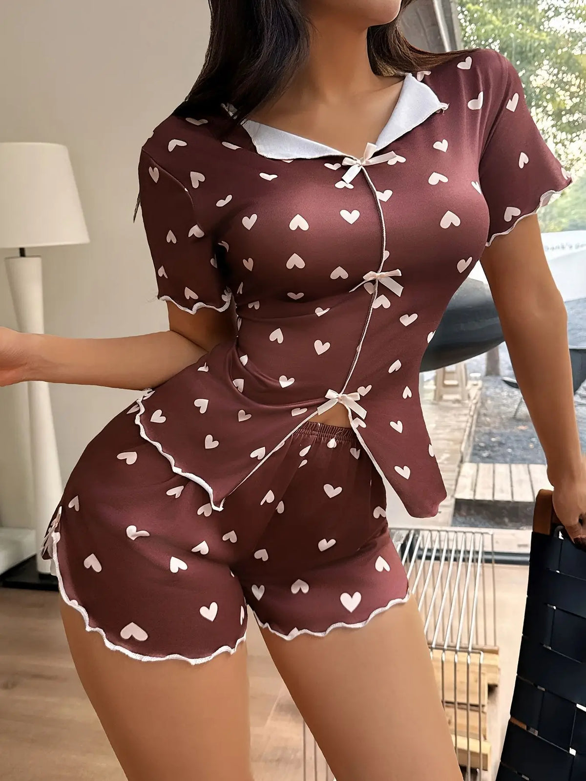 Pyjama d’Été Femme – Chemise et Short à Cœurs