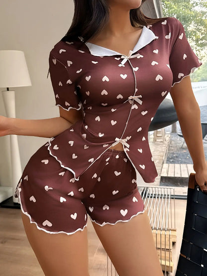 Pyjama d’Été Femme – Chemise et Short à Cœurs