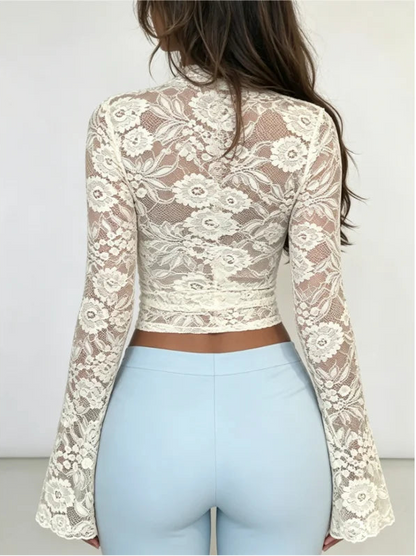 Haut en Maille Ajusté Femme – Dentelle Florale et Manches Évasées