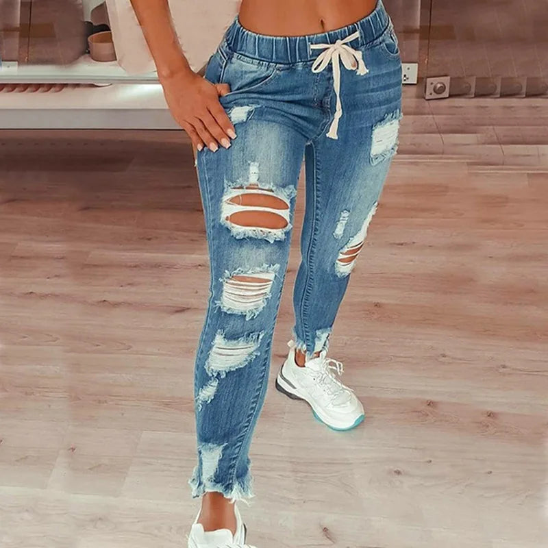 Jean slim déchiré taille mi-haute pour femmes