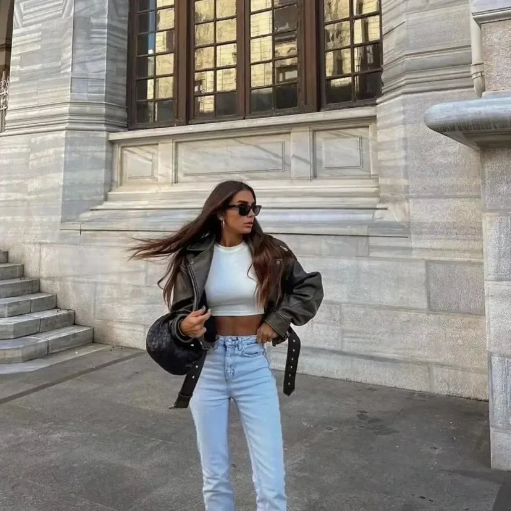 Veste courte en faux cuir pour femmes