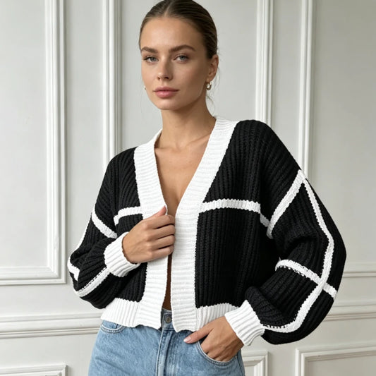 Cardigan Court Femme – Col V et Blocs de Couleurs