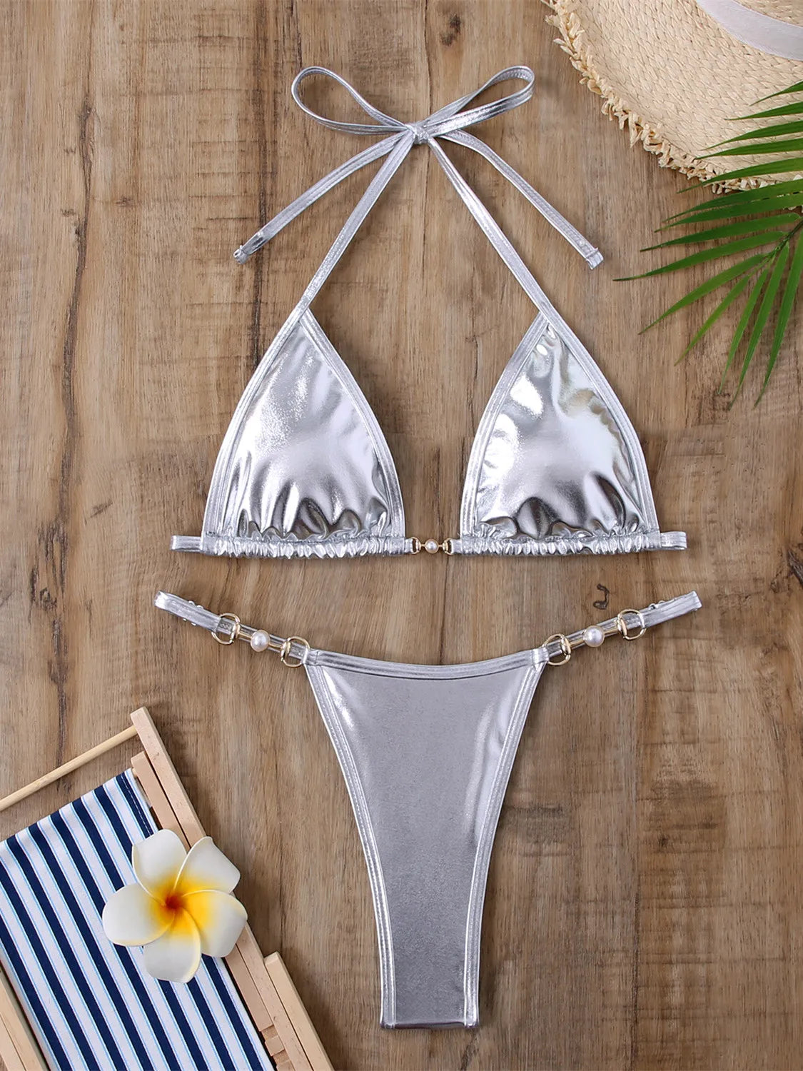 Maillot de Bain 2 Pièces Femme – Effet Cuir PU, Push-Up et String