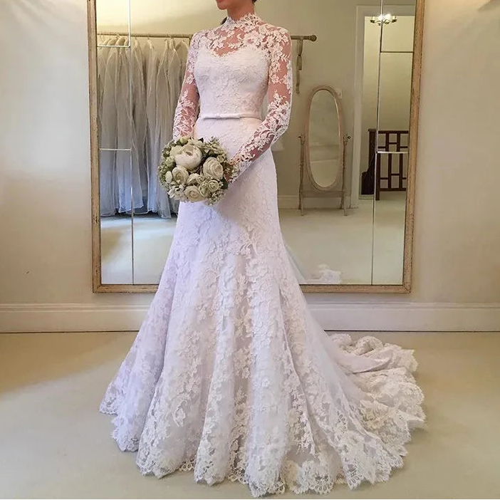 Robe de mariée sirène en dentelle avec veste col haut pour femmes