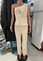 Ensemble 2 pièces haut asymétrique sexy à fronces et pantalon droit décontracté pour femmes