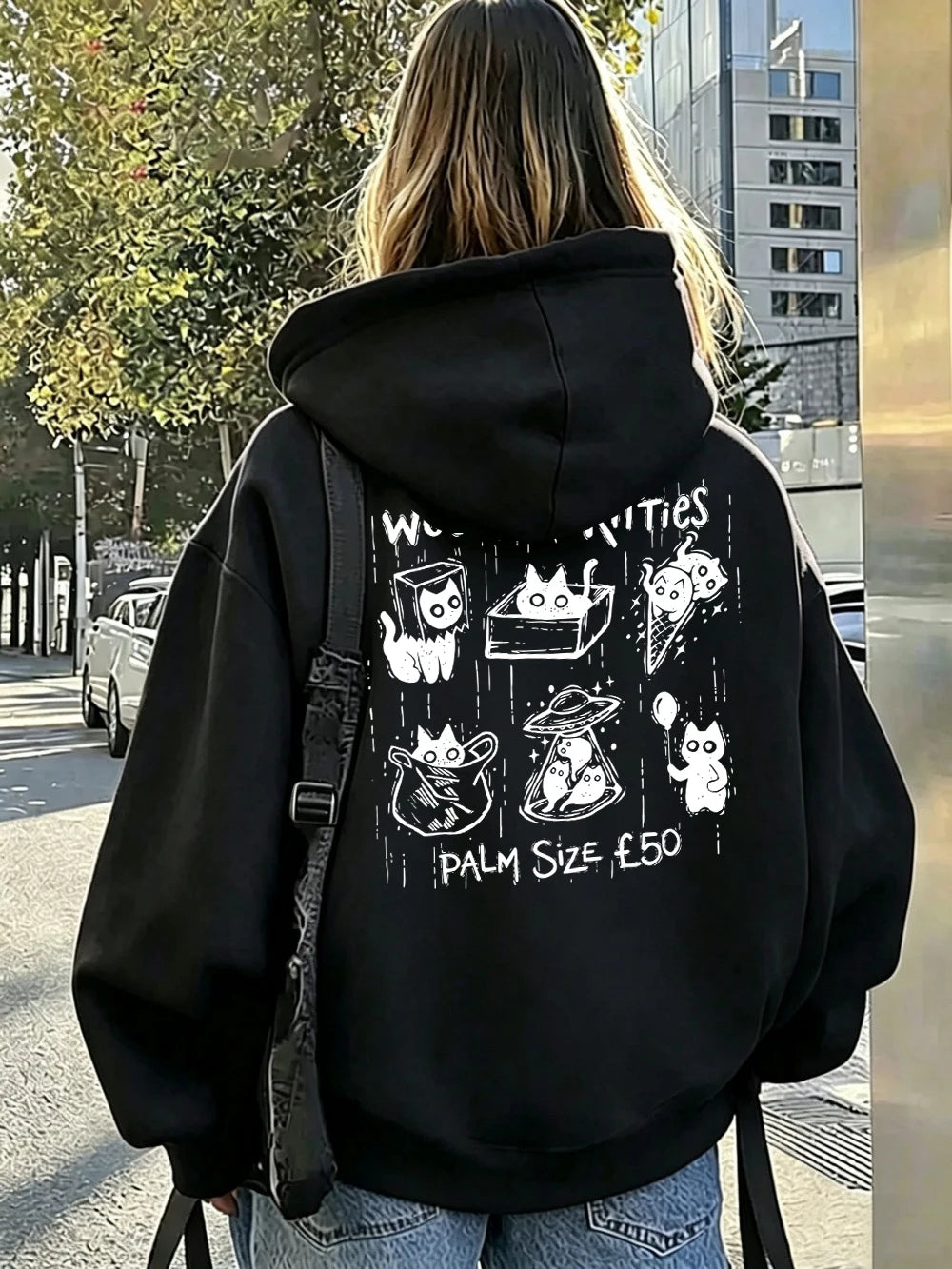 Sweat-shirts à capuche imprimés Woodcut Boxes Pocket Kitties pour femmes