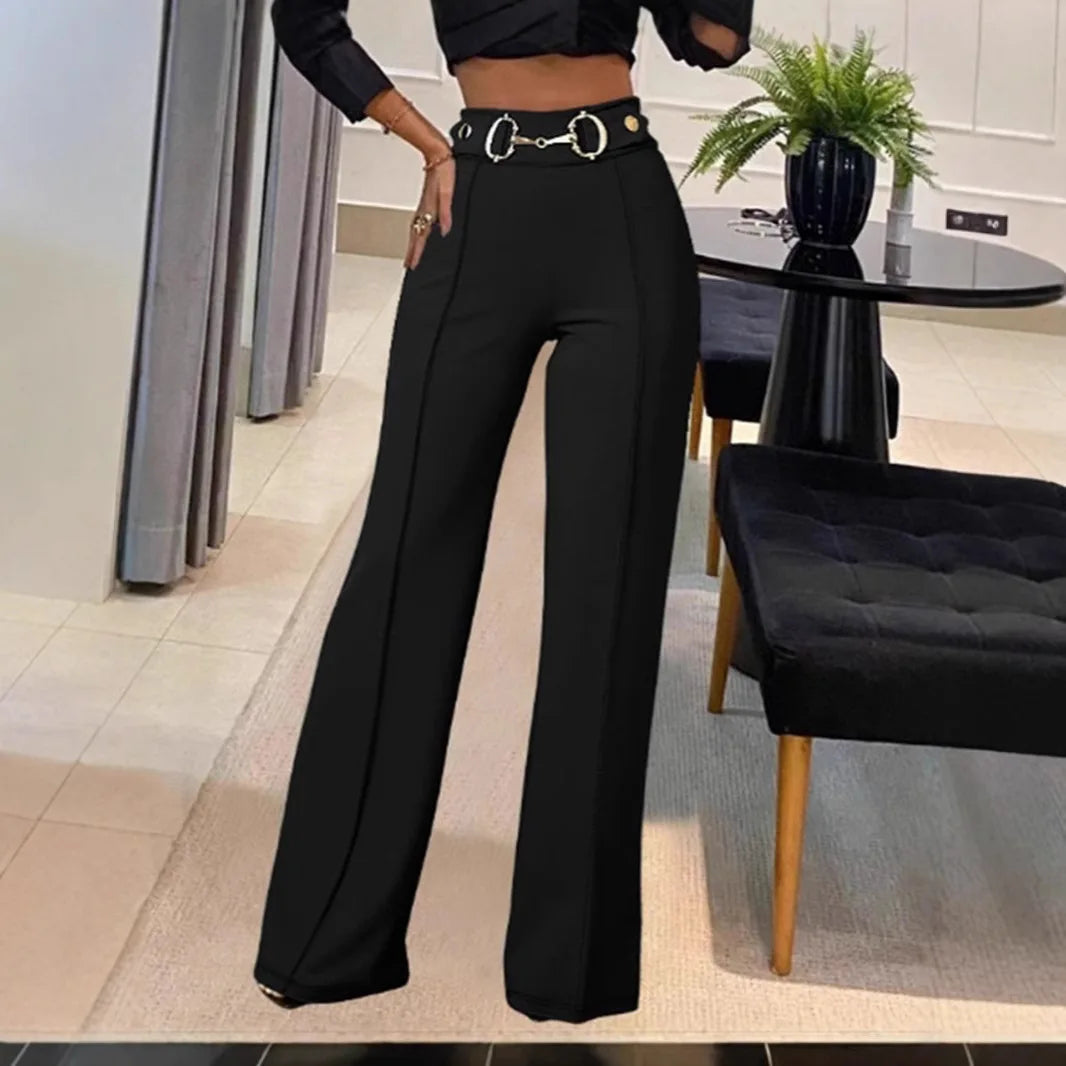 Pantalon taille haute  couleur unie, avec embellissements et boucles métalliques pour femmes