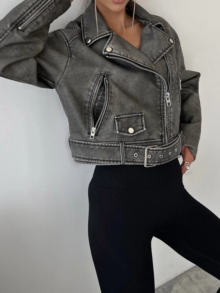 Veste Pu Faux cuir rétro ample avec fermeture éclair pour femmes