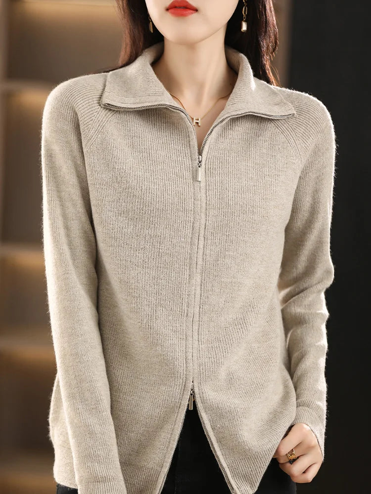Pull en laine à double fermeture éclair pour femmes