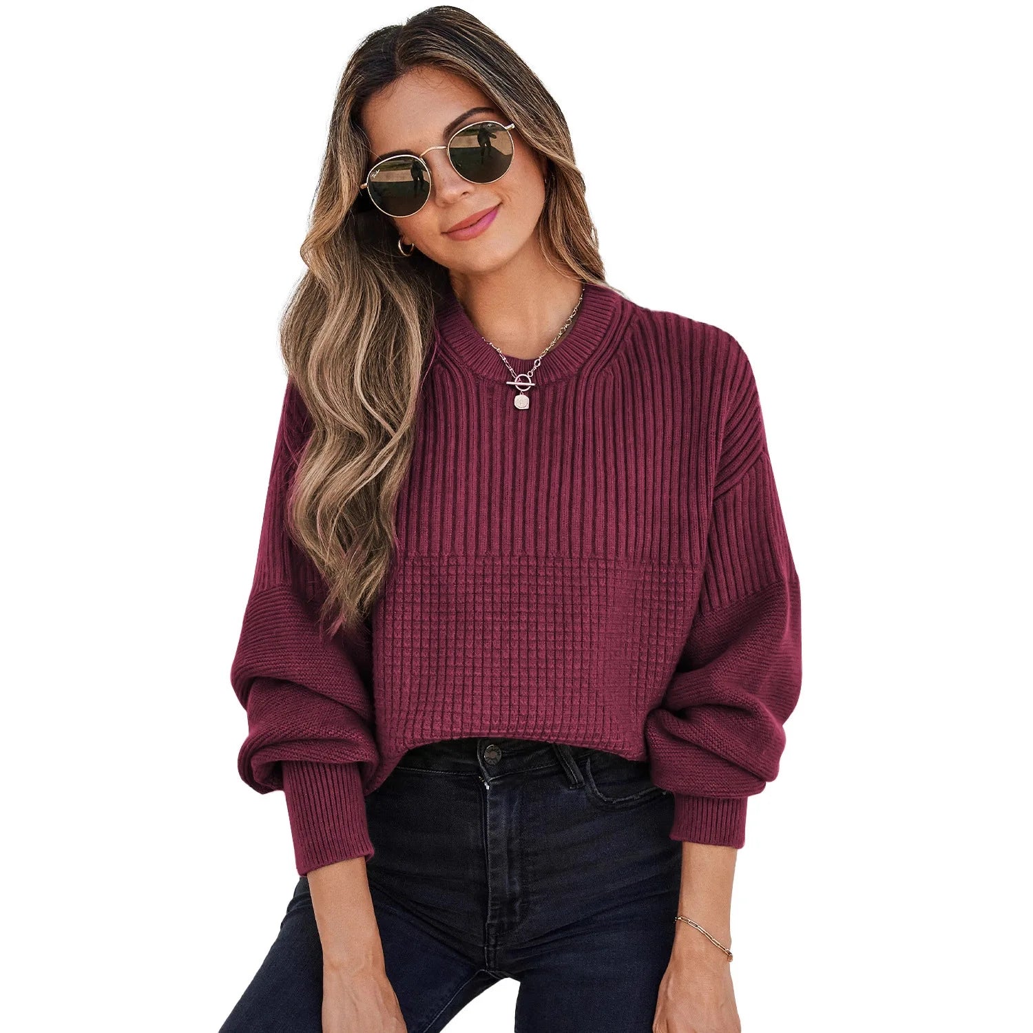 Pull en tricot décontracté à manches longues et col rond pour femmes