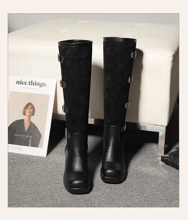 Bottes mi-mollet en PU givré avec boucle de ceinture à cinq rangées et talon ultra-haut pour femmes