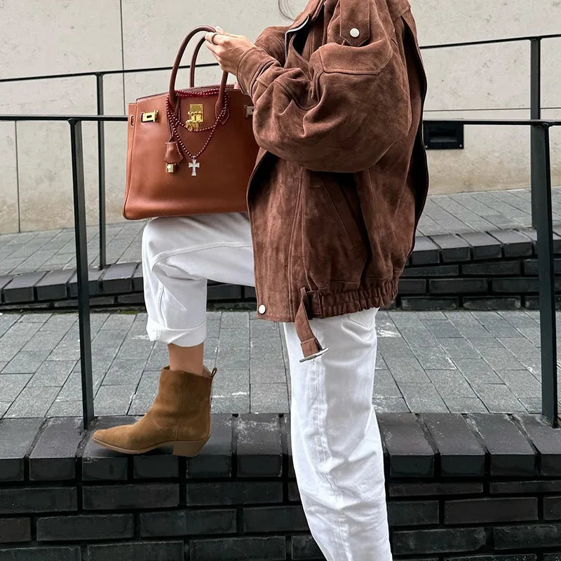 Veste courte ample marron vintage à revers asymétriques pour femmes