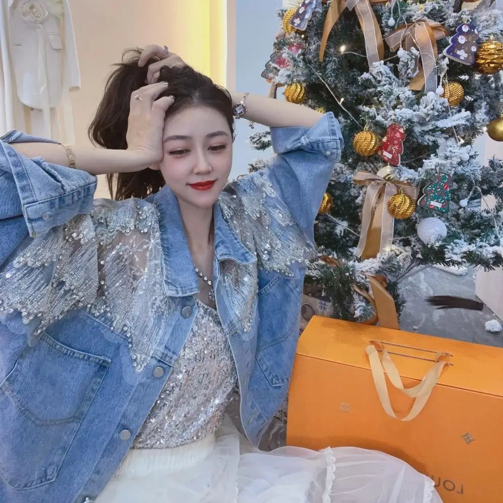 Veste en jean brodée de diamants pour femmes