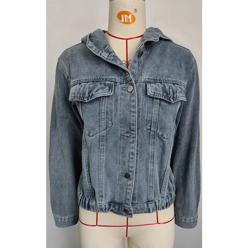 Veste en jean délavée à capuche vintage pour femmes