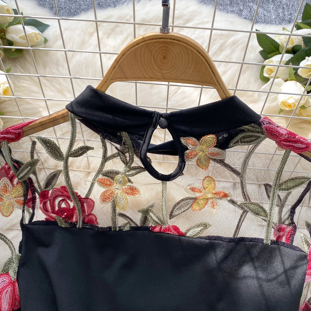 Bodys vintage broderie gaze col montant à manches longues pour femmes