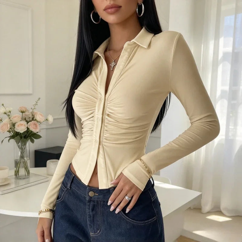 Chemisier Court Femme – Col V et Manches Froncées