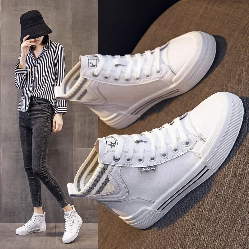 Basket montantes polyvalentes en cuir véritable pour femmes