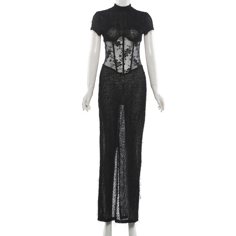 Robe moulante sexy à plumes transparentes pour femmes