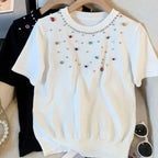 T-shirt à manches courtes et col rond à motif diamants colorés pour femmes