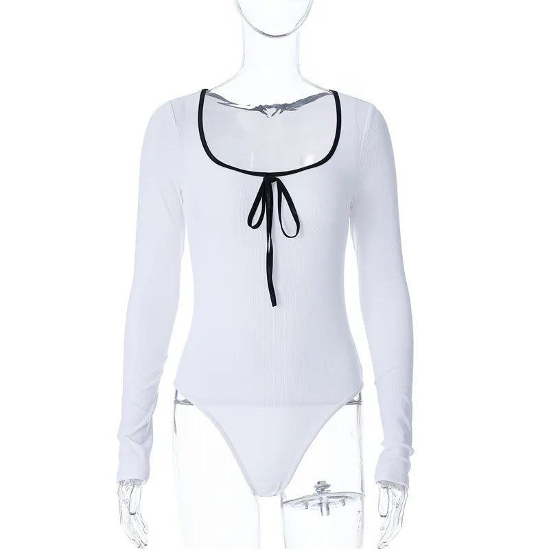 Body Femme Côtelé à Col Carré et Détail Nœud