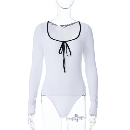 Body Femme Côtelé à Col Carré et Détail Nœud