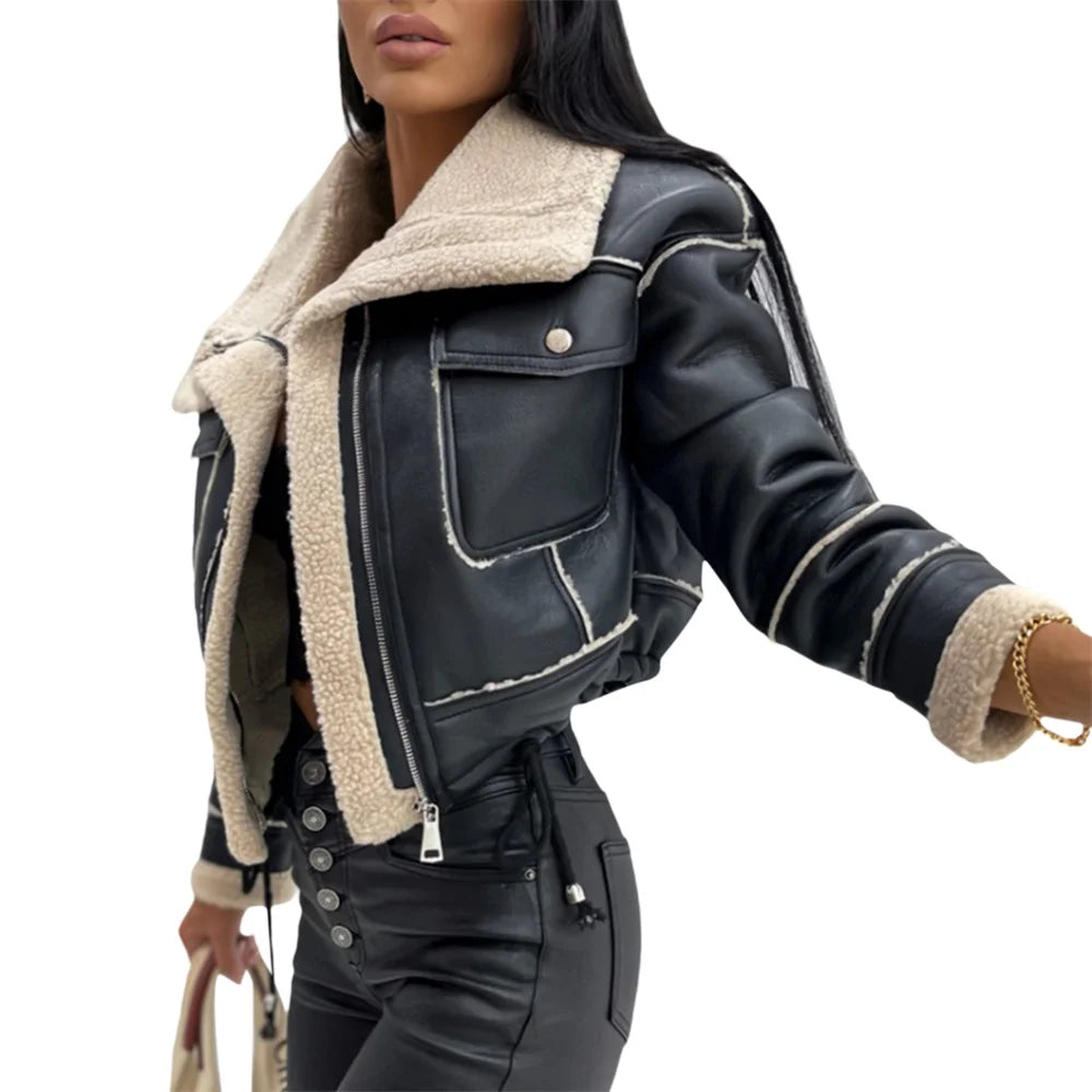 Veste en peluche patchwork PU pour femmes